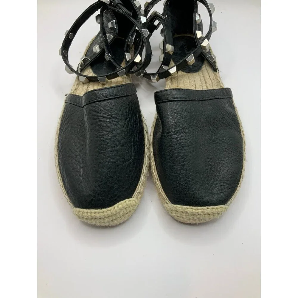 Rebecca Minkoff Black Leather Studded Strap Espadrilles Flats, Size 6